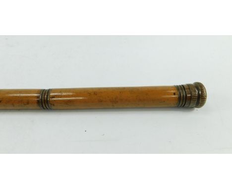 A two section walking stick, with copper screw top, revealing a drinking glass and spirit flask, 89cm long.