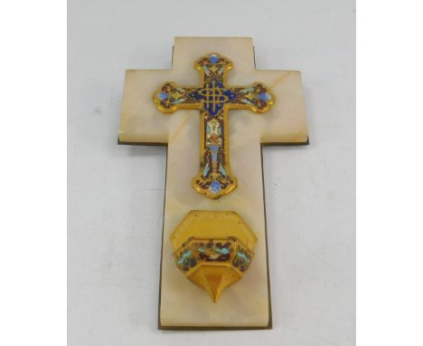 A French late 19thC marble brass and champleve enamel cross, with holy water font, 19.5cm x 11cm.