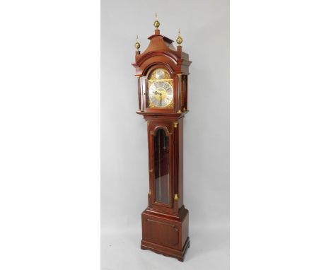 A Bell's mahogany cased grandmother clock, brass break arch dial with mask spandrels, silvered chapter ring bearing Roman num