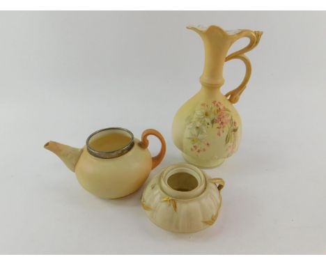 A Locke & Company Worcester blush ware porcelain teapot with silver rim, Birmingham 1910, lid lacking, a Royal Worcester porc