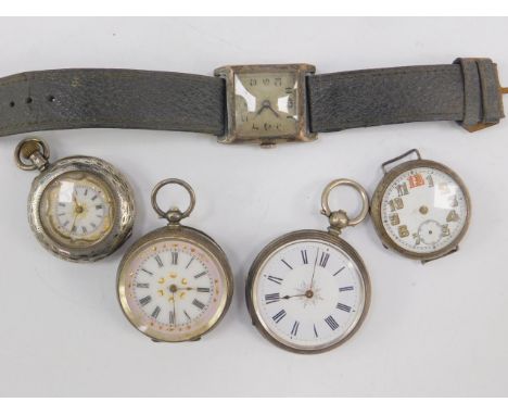 Three lady's silver cased pocket watches, open faced, one keyless wind, with decorative enamel dials bearing Roman numerals, 