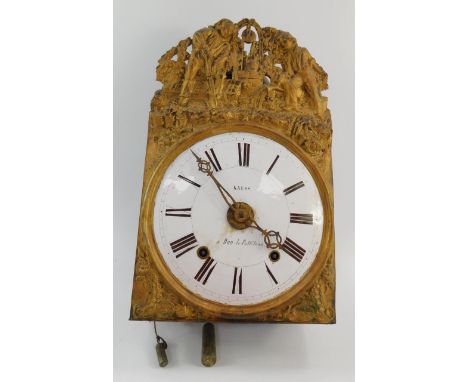 A French Comtoise cast iron and tin wall clock, circular enamel dial, signed Kauss a Dun-le-Palleteau, eight day movement wit