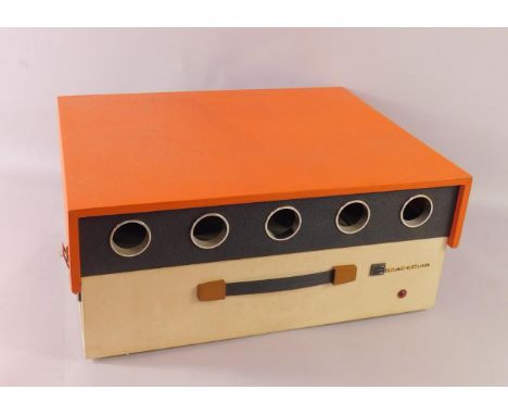 An Elizabethan Astronaut record player, c1970's, in orange and cream.