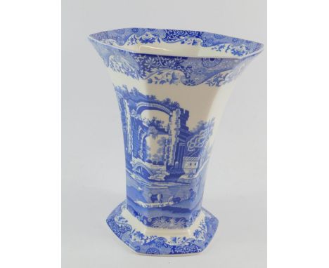 A Spode Pottery hexagonal vase, transfer decorated in blue and white in the Italian pattern, printed mark, 26cm high.