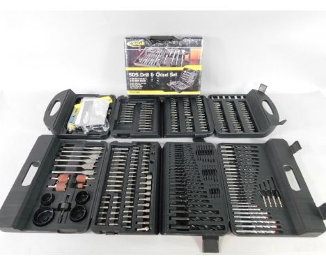 A Cougar SDS drill and chisel set, and two bit sets, all cased, (3).