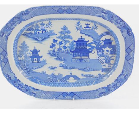 A Spode early 19thC blue and white transfer decorated meat platter, chinoiserie decorated with pergolas, a river landscape an