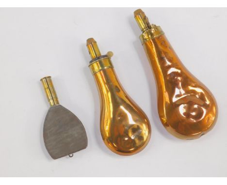 Two plain copper and brass shot flasks, one with Hawkesley patent nozzle and an unusual small tin shot flask, (3).