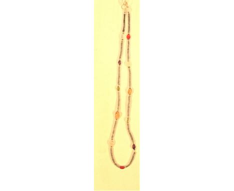 Necklace of semi precious stones with bugle beads. 28cm. 