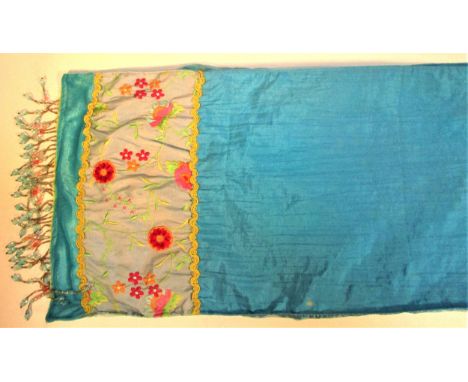 Chinese blue scarf with embroidery and beads at each end. Chinese Art silk. 170 x 32cm. New 
