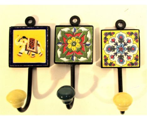 3x Metal coat hooks with ceramic tile. Each 12 x 6cm. 