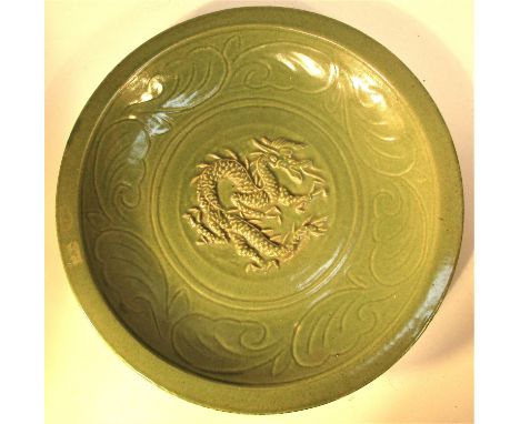 Ceramic bowl in green glaze with Chinese dragon design. Imported to Sumatra from China for Dutch colonial market. The Chinese