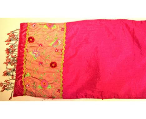 Chinese pink scarf with embroidery and beads at each end. Chinese Art silk. 170 x 32cm. New 