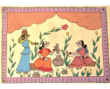Indian folk painting of 4 women making butter, I think!  45 x 35cm. Notes:  This painting is done with a variety of tools, in