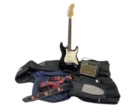 Electric guitar with carry case L100cm, various other guitar bags, Fender and Gibson USA straps and a Vox mini 3 G2 guitar am