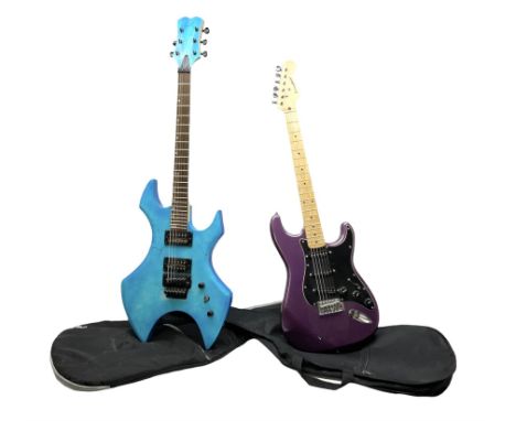 Heavy metal style electric guitar with crackled blue body L107cm; in Stagg gig bag; and Westfield electric guitar with metall