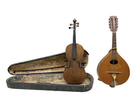 German violin c1900 for restoration and completion with 36cm two-piece maple back and ribs and spruce top L59.5cm overall; in