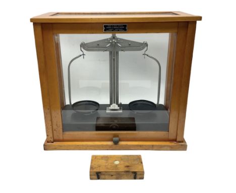 Griffin &amp; George set of laboratory scales in fully glazed hardwood cabinet with rise-and-fall front door L44.5cm H40cm; w