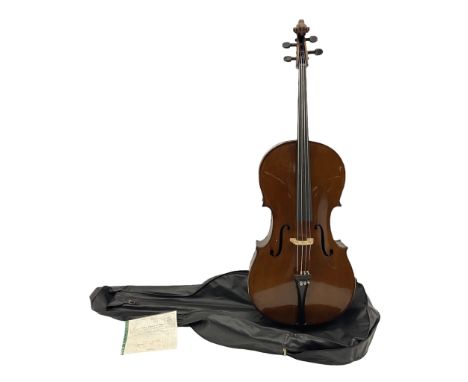 Early 20th century German cello with 76.5cm two-piece maple back and ribs and spruce top L123cm overall; in modern soft carry