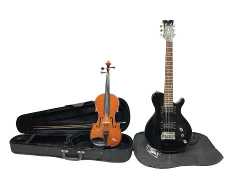 Dean small or child's size electric guitar in black, serial no.O09121956 L85cm; in gig bag; and modern student's violin with 