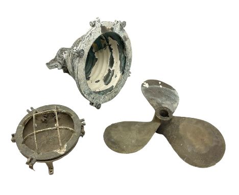 Ship's three-fin propeller No.56194 D40cm; ship's copper hanging electric lamp fitting D33cm; and another ship's electric lam