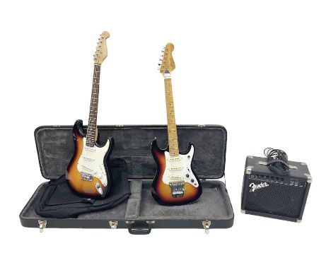 Fender style sunburst electric guitar with manuscript mark 'Zenta Stratocaster 1963' L97cm; in hard carrying case; another si