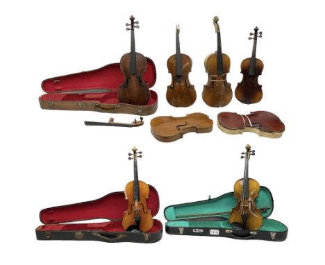 French violin for restoration with 36cm two-piece maple back and ribs and spruce top, bears label 'Lutherie Artistique M. Cou