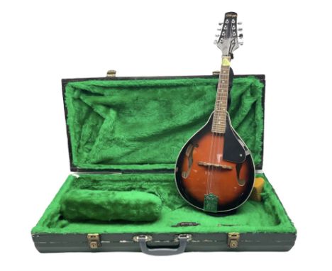 Stagg eight-string mandolin, model M20, the black lacquered body with simulated ivory trim, bears label numbered 070465 L70cm