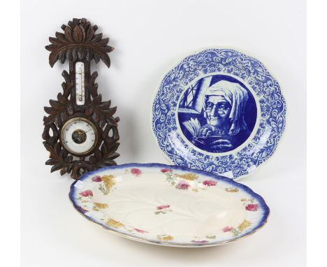Black Forest barometer, of foliate design, with mercury thermometer, 46.6 cm high, S.B. & S meat plate, 52 cm wide, and a Del