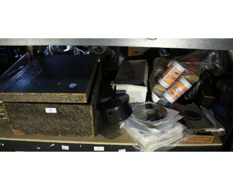 Blacked tin magic lantern, with paw feet and case, a box of slides, collection of Edison Blue Amberol cylinders with boxes, P