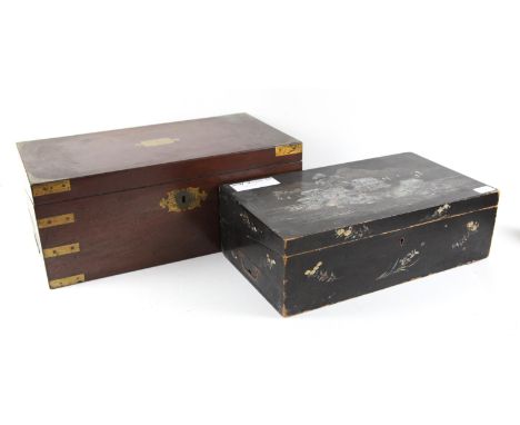 19th century mahogany and brass bound writing box, with inset handles and side drawer, the interior with slope and fitted com