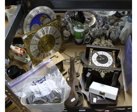 Dutch style wall clock, modern brass clock dial and movement, tin carriage clock, clock parts, and various balances