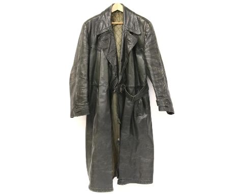Vintage long leather coat in dark green with quilted satin lining Condition Report:  Neck area show worst area of wear damage