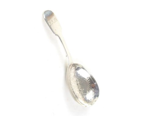 Floral pattern bright cut silver caddy spoon in fiddle pattern by Charles Boyton London 1848
