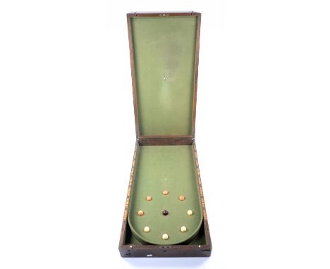 19th Century folding bagatelle table with 9 original balls, 1 coloured black, 4 coloured red and 4 naturalCondition Report:  