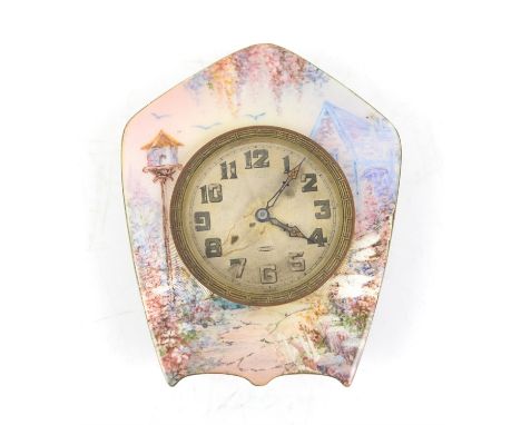 Silver and enamel clock with scene of a lamp, a house and country garden, by PM and Co Birmingham 1930