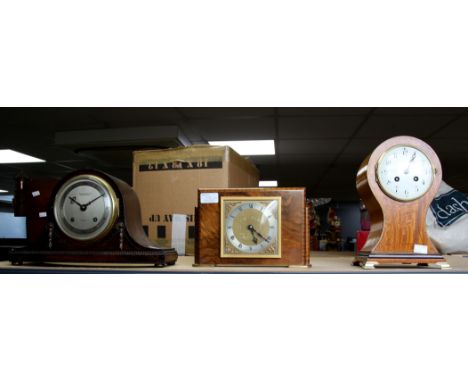 Early 20th century satinwood balloon mantel clock, the two train French movement striking on a gong, H27cm, walnut cased art 