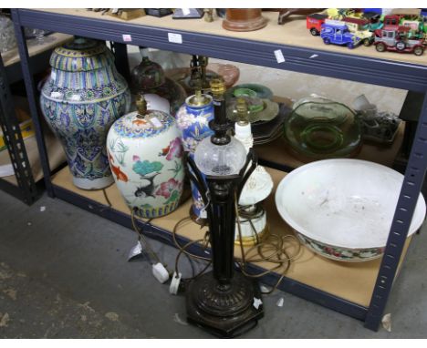 Four Chinese style table lamps, a Persian style lamp, a bronzed an crackle glaze lamp and another (7)