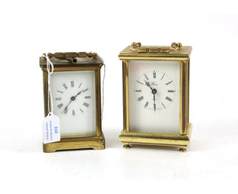 Brass carriage timepiece clock, of conventional form with enamel dial, 14.5 cm high, and another Weiss Quartz carriage clock