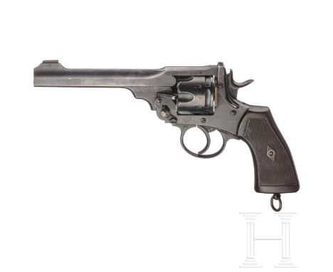 Webley Mark VI  Kal. .455 Webley, Nr. 327859, nummerngleich. Blanker Kipplauf, Länge 6". Sechsschüssig. Britischer Beschuss. 