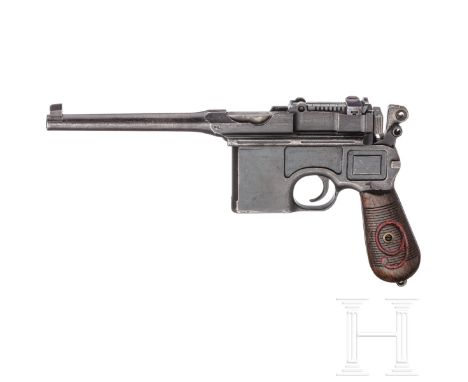 Mauser C 96/16  Kal. 9 mm Luger, Nr. 86351, nummerngleich inkl. Griffschalen bis auf Magazindeckel. Lauf matt. Zehnschüssig. 