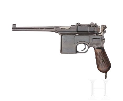 Mauser C 96/16, mit Kasten  Kal. 9 mm Luger, Nr. 38833, nummerngleich inkl. Griffschalen ohne "9". Fast blanker Lauf. Zehnsch