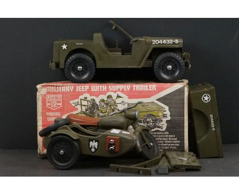 Boxed Cherilea Military Jeep with Supply Trailer, missing accessories, plus loose Cherilea German Army Motorbike with Sidecar