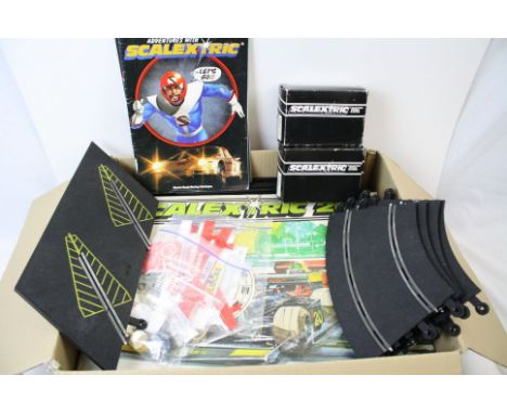 Boxed Scalextric 200 set, appearing complete with two slot cars but unchecked, plus two boxed controllers and a quantity of t