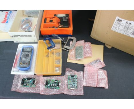 Quantity of tools and accessories for Meccano and construction building to include boxed boards, ports, wire, unopened Digita