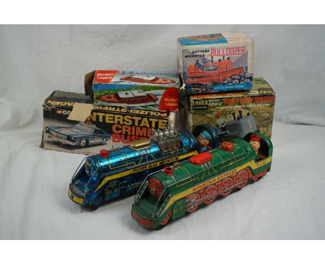 A collection of vintage tin plate toys to include Interstate Crime Buster by Corgi (boxed), battery operated Bulldozer by BPP