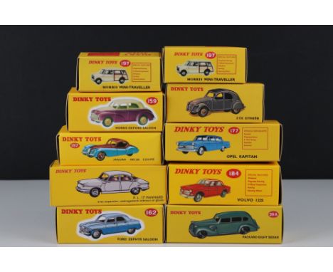 10 Boxed Atlas Editions Dinky diecast models to include 162 Ford Zephyr Saloon, 159 Morris Oxford Saloon, 157 Jaguar XK120 Co