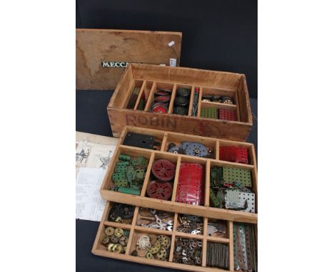 Quantity of vintage Meccano contained in wooden box, with 4 x fitted trays with various parts, accessories, wheels, various c