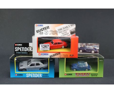 Three boxed Corgi TV &amp; Film related diecast models to include 96757 Lovejoy Morris Minor, 96012 Spender Ford Sierra and 0