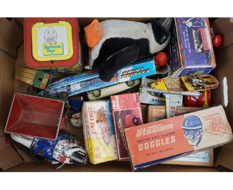 A collection of mainly vintage tin plate toys to include fire truck, the leaky coffin, motorcycles and cars. 