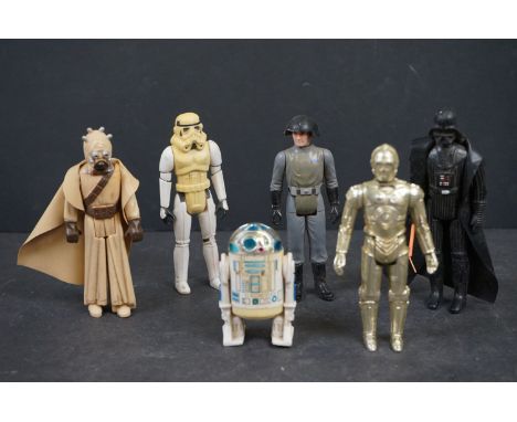 Star Wars - Six playworn original Kenner Star Wars action figures to include Darth Vader, Storm trooper, Tusken Raider, R2-D2